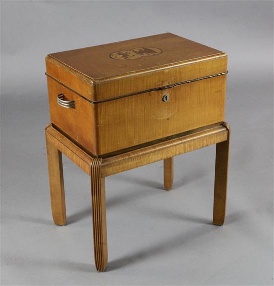 A David Joel marquetry inlaid weathered sycamore humidor on stand, made by Fred Cheeseman at The Joel Works, W.1ft 9in. D.1ft 3in. H.2f